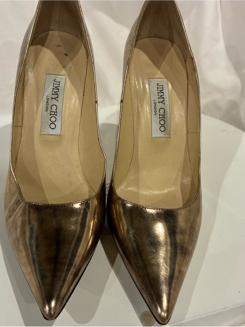 Jimmy Choo Rose Gold Pointed-Toe Leather Pumps
